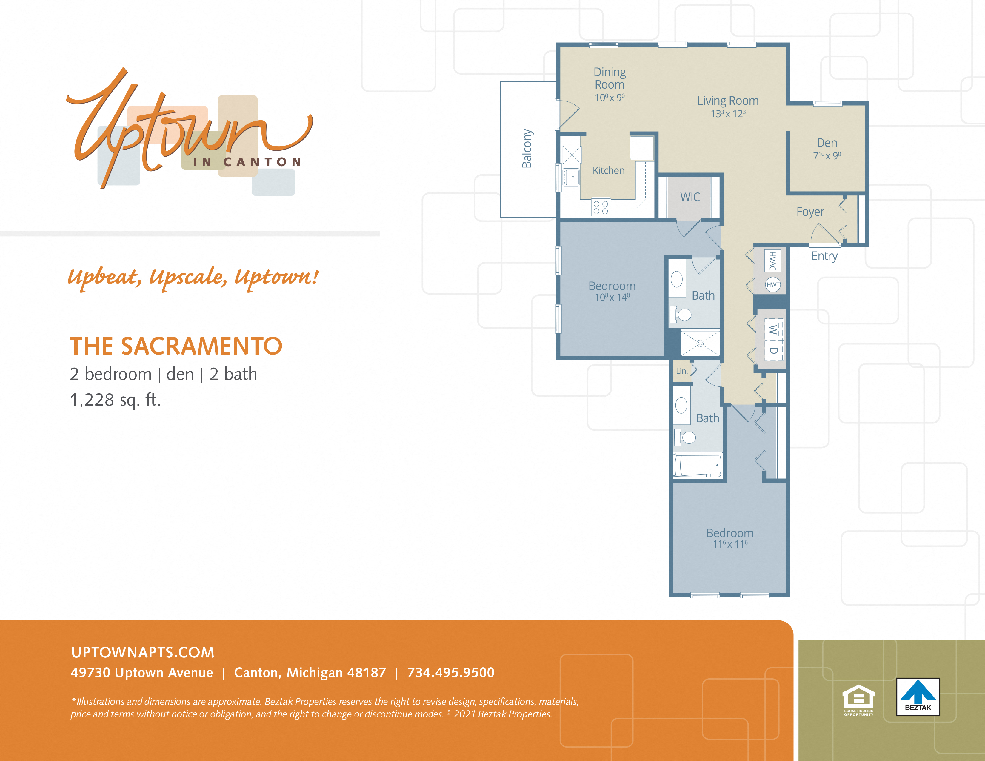 Floor plan for 2 beds, 2 baths, 1228 sqft